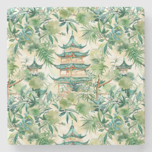 Dessous-de-verre En Pierre Aquarelle Pagode asiatique dans paysage verdoyant