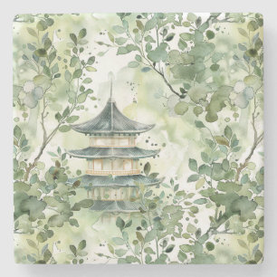 Dessous-de-verre En Pierre Aquarelle Pagode asiatique dans paysage verdoyant 