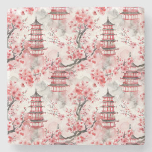 Dessous-de-verre En Pierre Aquarelle Pagode chinoise aux fleurs de cerisiers 