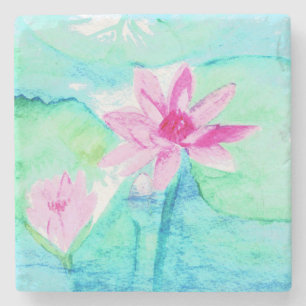 Dessous-de-verre En Pierre Aquarelle Pastel Rose Lotus Fleurs