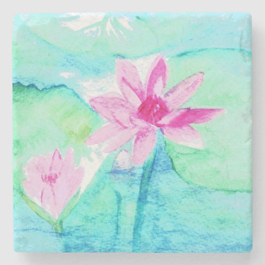 Dessous-de-verre En Pierre Aquarelle Pastel Rose Lotus Fleurs (Devant)