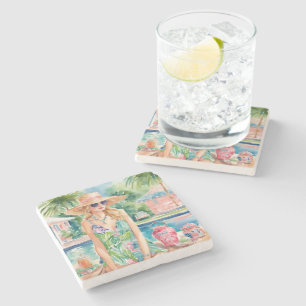 Dessous-de-verre En Pierre Aquarelle Preppy Palm Beach Girl à la piscine