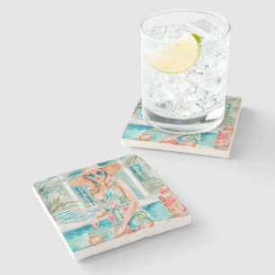 Dessous-de-verre En Pierre Aquarelle Preppy Palm Beach Girl à la piscine