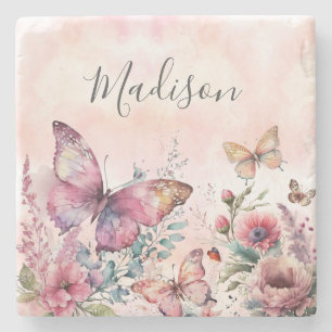 Dessous-de-verre En Pierre Aquarelle rose moderne Papillon Fleur sauvage