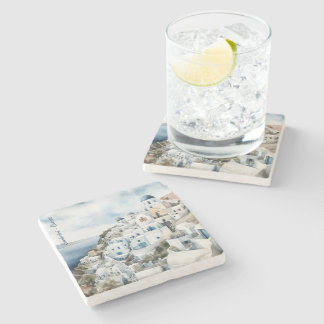 Dessous-de-verre En Pierre Aquarelle Santorin Grèce