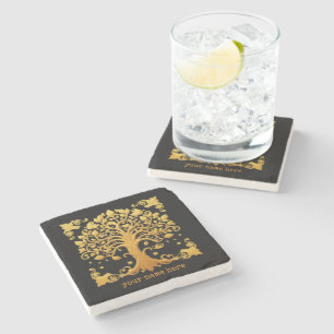 Dessous-de-verre En Pierre Arbre de Vie Doré Luxueux