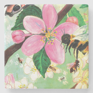 Dessous-de-verre En Pierre Arbre florissant avec abeilles illustration