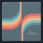 Dessous-de-verre En Pierre Arcs colorés de style rétro<br><div class="desc">Retro double arche pattern geometrical illustration with turquoise,  blue,  red and beige stripes decoration on dark blue background. Add your name/monogram or delete the text</div>