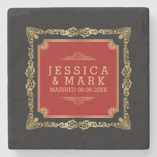 Dessous-de-verre En Pierre Arrière - plan noir Gold & Red Ornate Frame (Devant)