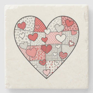 Dessous-de-verre En Pierre Art de collage à coeur patchwork rouge et rose fan