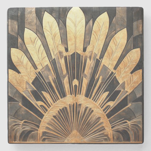 Dessous-de-verre En Pierre Art Déco Gold Black sunburst Motif (Devant)