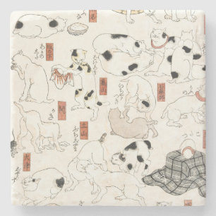 Dessous-de-verre En Pierre Art japonais vintage de chat Ukiyoe gravure sur bo