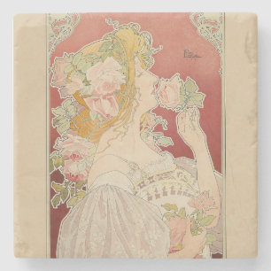 Dessous-de-verre En Pierre Art Nouveau Belle Époque Dame Roses Livemont