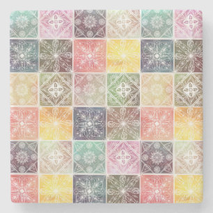 Dessous-de-verre En Pierre Art Tile coloré de l'ornement géométrique blanc