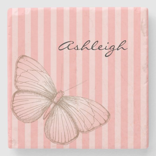 Dessous-de-verre En Pierre Bandes roses avec papillon (Devant)