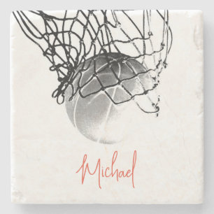 Dessous-de-verre En Pierre Basket-ball noir et blanc & Net Votre nom