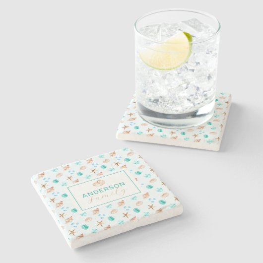 Dessous-de-verre En Pierre Beach Coastal Seashells Family Name Custom (Côté)