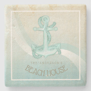 Dessous-de-verre En Pierre Beach House Ancre nautique et corde Aqua ID623