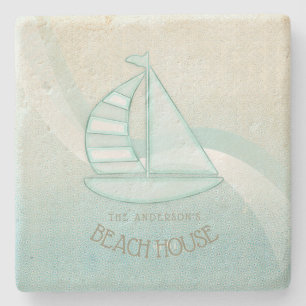 Dessous-de-verre En Pierre Beach House Nautical Voilier Aqua Blue ID623