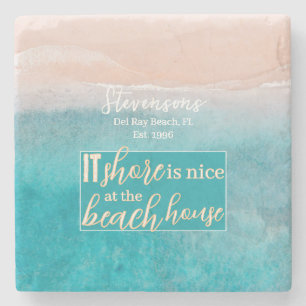 Dessous-de-verre En Pierre Beach House Pun Élégant Script Personnalisé Nom de
