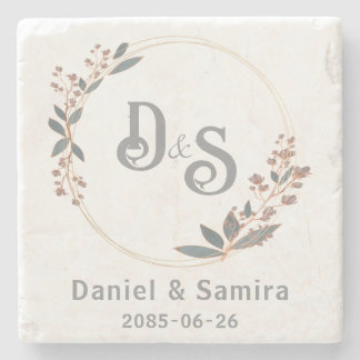Dessous-de-verre En Pierre Beige and Blue Floral Custom Name Elegant 