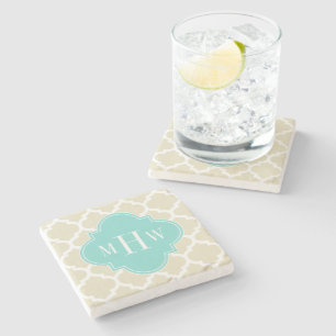 Dessous-de-verre En Pierre Beige, Wt Marocain #5 Turquoise 3 Monogramme Initi