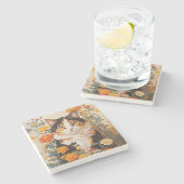 Dessous-de-verre En Pierre Belle Chat Calico Avec Fleurs Marigold (Côté)