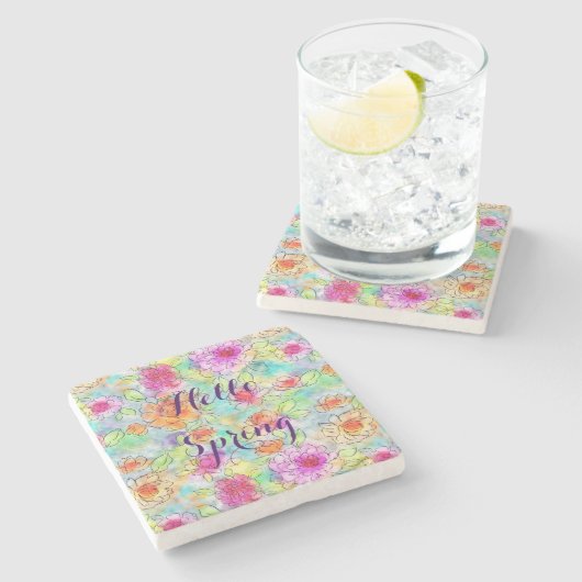 Dessous-de-verre En Pierre Belle peinture d'aquarelle de fleurs de printemps (Côté)