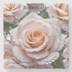 Dessous-de-verre En Pierre Belle rose et gouttes de pluie. Dessous de verre p