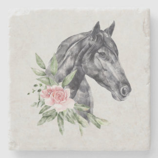 Dessous-de-verre En Pierre Belle tête de cheval noir Portrait d'aquarelle