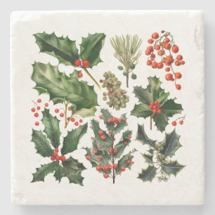 Dessous-de-verre En Pierre Berries de Noël Holly Feuilles. Berries de Noël