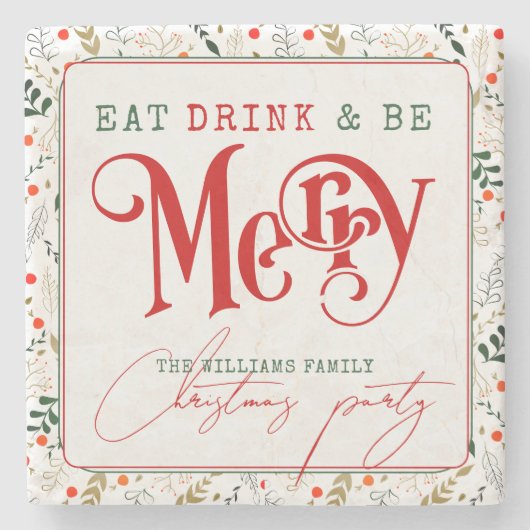Dessous-de-verre En Pierre Berry Branche Manger, Boire Soyez Joyeux Noël Fête (Devant)