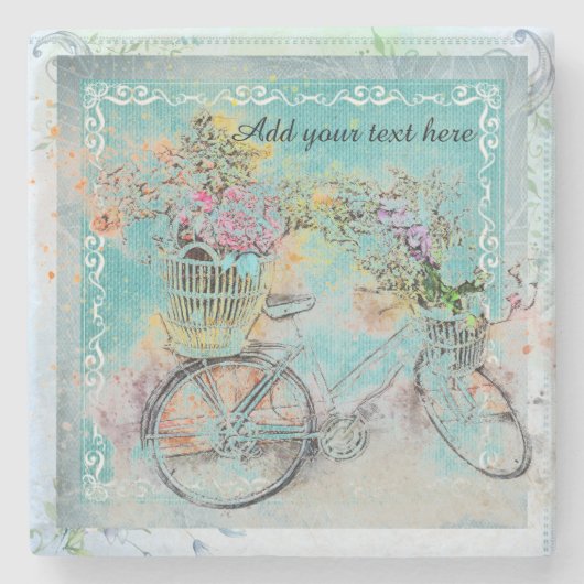 Dessous-de-verre En Pierre Bicycle with flower baskets on blue burlap (Devant)