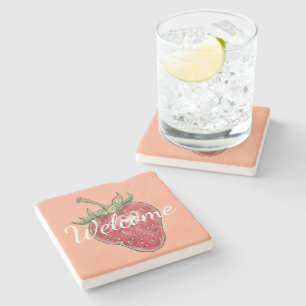 Dessous-de-verre En Pierre Bienvenue fraise dessinée à la main rose rouge mod