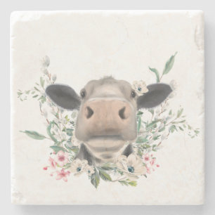 Dessous-de-verre En Pierre bisou de nez de vache fleurs aquarelle gris animal