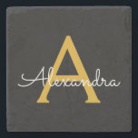 Dessous-de-verre En Pierre Black Gold Modern Script Girl Monogramme Nom<br><div class="desc">Noir et or Simple Script Monogramme Nom Carreaux de pierre. Cela rend la remise de diplômes parfaite,  doux 16 ans,  mariage,  douche nuptiale,  anniversaire,  baby shower ou cadeau de fête de bachelorette pour quelqu'un qui aime le luxe glam et les styles chic.</div>