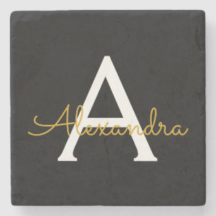 Dessous-de-verre En Pierre Black Gold Modern Script Nom du monogramme de la f
