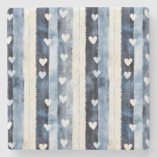 Dessous-de-verre En Pierre Bleu Blanc Denim Coeur rayures