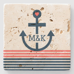 Dessous-de-verre En Pierre Bleu et corail avec Ancre NauticalBoat