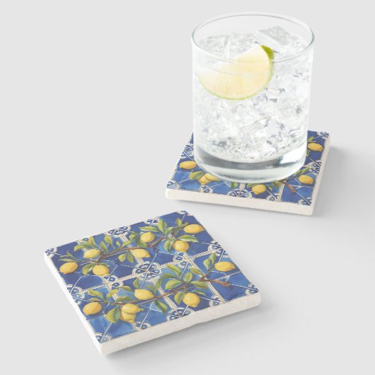 Dessous-de-verre En Pierre Bleu méditerranéen et citrons traditionnels (Côté)