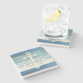 Dessous-de-verre En Pierre Bleu Nautique Blanc Perdu Ancre bois (Côté)