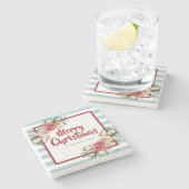 Dessous-de-verre En Pierre Bleu Rayures Aquarelle Fleurs Noël (Côté)