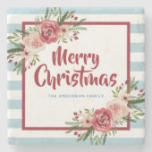 Dessous-de-verre En Pierre Bleu Rayures Aquarelle Fleurs Noël (Devant)