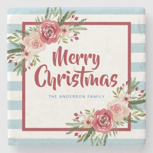 Dessous-de-verre En Pierre Bleu Rayures Aquarelle Fleurs Noël (Devant)