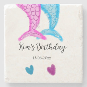 Dessous-de-verre En Pierre bleu rose sirène aquarelle ajouter nom anniversair