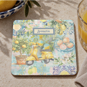 Dessous-de-verre En Pierre Bleu Turquoise Chic Floral Citrus Sicilien