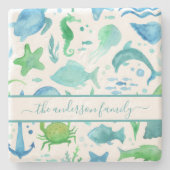 Dessous-de-verre En Pierre Bleu vert mer océan poisson dauphins nom de famill (Devant)