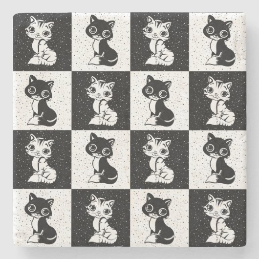 Dessous-de-verre En Pierre Bloc de monogramme noir blanc pour chat (Devant)