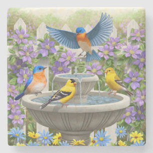 Dessous-de-verre En Pierre Bluebirds Goldfinches et fontaine Birdbath