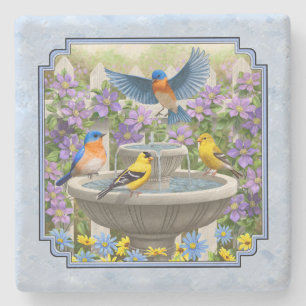 Dessous-de-verre En Pierre Bluebirds Goldfinies Fleur Jardin Fontaine Bleu